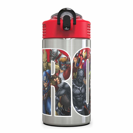 Picture of Zak Designs Marvel Universe - Stainless Steel Water Bottle with One Hand Operation Action Lid and Built-in Carrying Loop, Kids Water Bottle with Straw Spout is Perfect for Kids (15.5 oz, BPA Free)