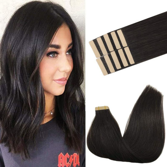 Picture of GOO GOO Tape in Hair Extensions Human Hair, 1B Natural black, 16inch 25g 10pcs, Thick Ends Straight Seamless Tape in, Invisible Tape in Hair Extensions Human Hair