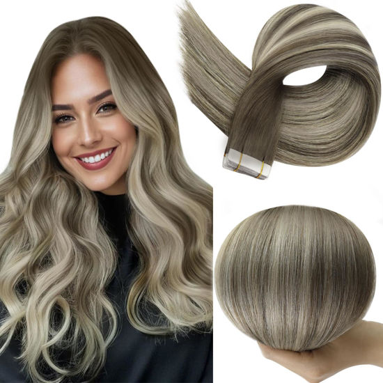 Picture of Full Shine Balayage Tape in Hair Extensions Human Hair Color 7/1000/7 Blonde Invisible Tape in Human Hair Extensions 12Inch Seamless Hair Extensions Tape in Remy Hair Extensions 30G 20Pcs Add Volume