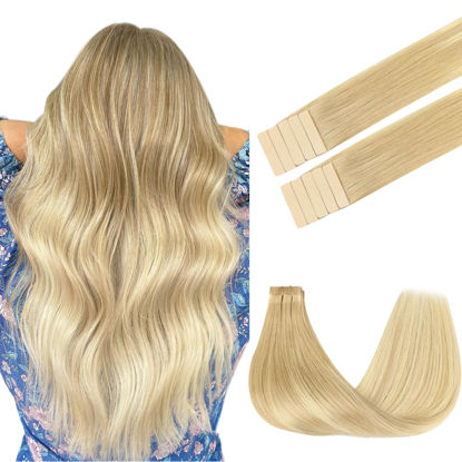 Picture of GOO GOO Tape in Hair Extensions Human Hair, 18DT60A Pearl Ash Blonde Highlights, 16inch 25g 10pcs, Thick Ends Straight Seamless Tape in, Invisible Tape in Hair Extensions Human Hair