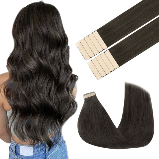 Picture of GOO GOO Tape in Hair Extensions Human Hair, 1C Mocha Brown, 18inch 25g 10pcs, Thick Ends Straight Seamless Tape in, Invisible Tape in Hair Extensions Human Hair