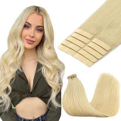 Picture of GOO GOO Tape in Hair Extensions Human Hair, 613R Bleach Blonde, 14inch 25g 10pcs, Thick Ends Straight Seamless Tape in, Invisible Tape in Hair Extensions Human Hair