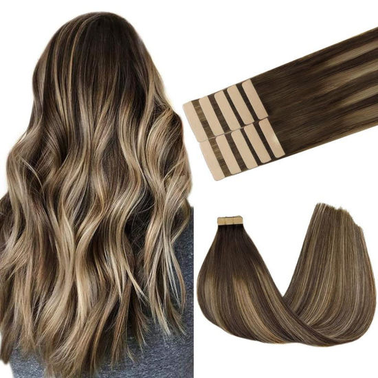 Picture of GOO GOO Tape in Hair Extensions Human Hair, 4/26/4 Balayage Chocolate Brown to Honey Blonde, 14inch 25g 10pcs, Thick Ends Straight Seamless Tape in, Invisible Tape in Hair Extensions Human Hair