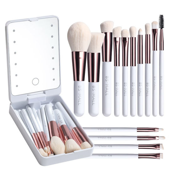 Picture of BS-MALL Travel Makeup Brush Set Foundation Powder Concealers Eye Shadows Makeup Set with LED light Mirror 14 Pcs (White)…