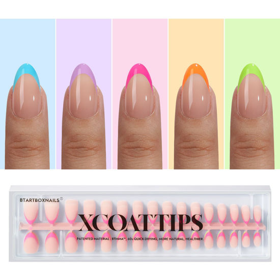 Picture of btartboxnails XCOATTIPS French Gel Nails - Brighter Pastel French Tip Press on Nails, Short Almond Nail Tips, Soft Gel Nails False Nail, Soak Off Acrylic Fake Nails Extensions