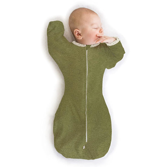 Picture of SwaddleDesigns Transitional Swaddle Sack With Arms Up Half-Length Sleeves and Mitten Cuffs, Heathered Green Turtle with Polka Dot Trim, Large, 6-9 Mo, 21-24 lbs (Better Sleep, Easy Swaddle Transition)