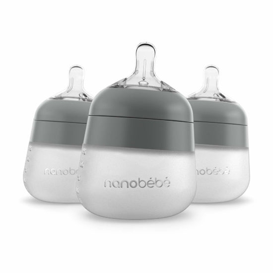 Picture of Nanobébé Flexy Silicone Baby Bottle, Anti-Colic, Natural Feel, Non-Collapsing Nipple, Non-Tip Stable Base, Easy to Clean 3-Pack, Gray, 5 oz