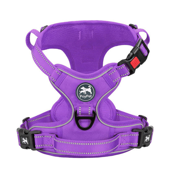 Picture of PoyPet No Pull Dog Harness, No Choke Reflective Dog Vest, Adjustable Pet Harnesses with Easy Control Padded Handle for Small Medium Large Dogs(Purple Matching Trim,L)