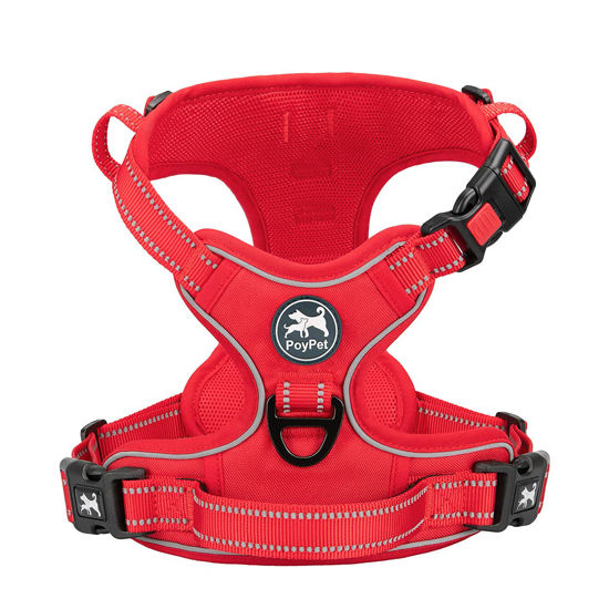 Picture of PoyPet No Pull Dog Harness, No Choke Reflective Dog Vest, Adjustable Pet Harnesses with Easy Control Padded Handle for Small Medium Large Dogs(Red Matching Trim,S)