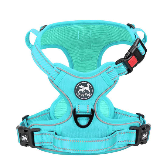 Picture of PoyPet No Pull Dog Harness, No Choke Reflective Dog Vest, Adjustable Pet Harnesses with Easy Control Padded Handle for Small Medium Large Dogs(Mint Blue Matching Trim,M)