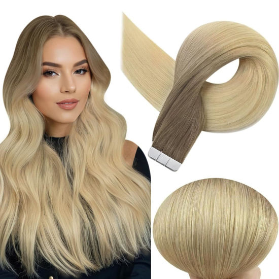 Picture of Full Shine Tape in Hair Extensions Human Hair Color 3/8/613 Tape in Extensions 12 Inch Short Hair Extensions Tape in 30 Gram Seamless Tape in Hair Extensions Real Human Hair 20Pcs Straight Hair