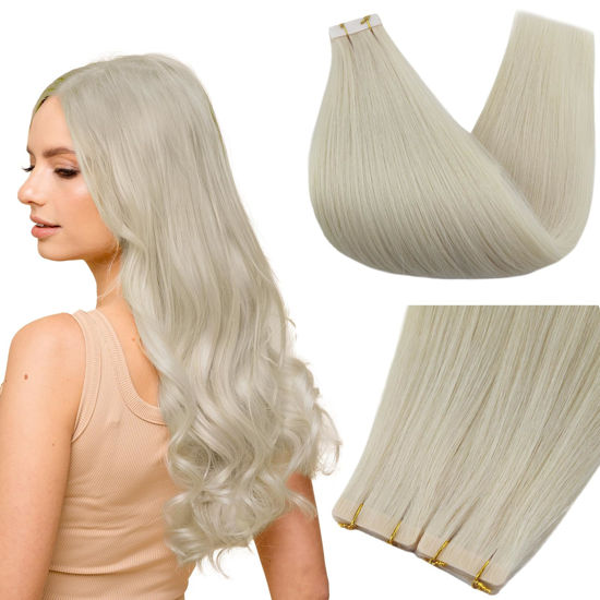 Picture of Full Shine Injected Tape Hair Extensions 5Pcs Color 1000 Blonde Virgin Intact Tape in Hair Extensions Seamless Skin Weft Tape in Extensions 16 Inch Hair Extensions Tape in 10Gram Straight Hair