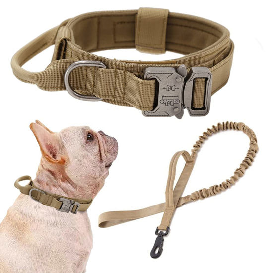 Picture of Tactical Dog Collar and Leash Set Tactical Dog Collar with Handle Bungee Leash Adjustable Military Training Nylon Collar Dog Training Collar Leash Set with Control Handleand Metal Buckle （Brown S