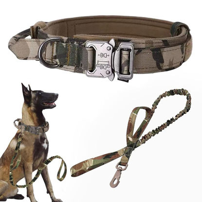 Picture of Tactical Dog Collar and Leash Set Tactical Dog Collar with Handle Bungee Leash Adjustable Military Training Nylon Collar Dog Training Collar Leash Set with Control Handleand Metal Buckle （Camo M