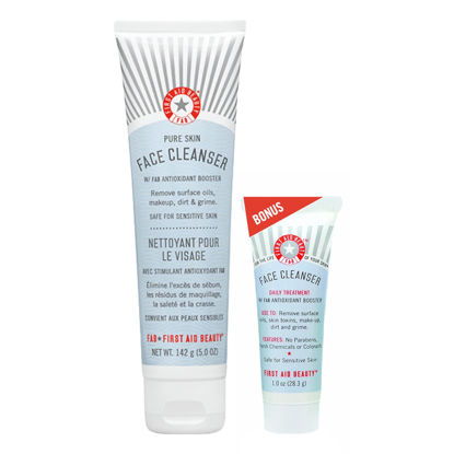 Picture of First Aid Beauty Pure Skin Face Cleanser Bundle - Sensitive Skin Gentle Cleanser - Classic 5 oz Tube + Bonus 1 oz Travel Size