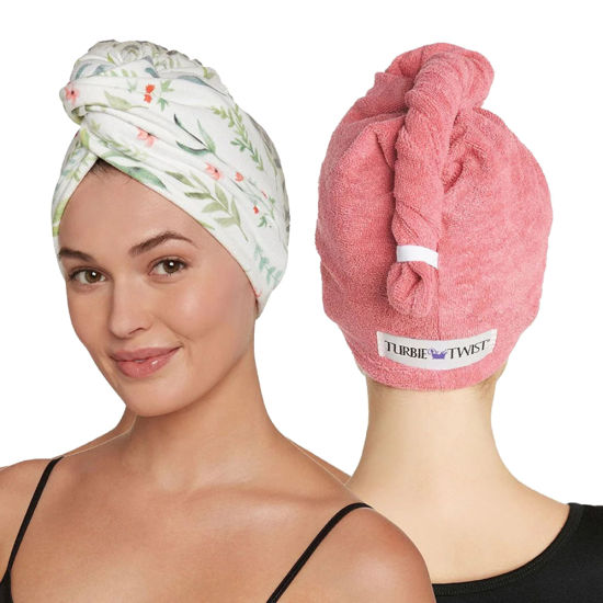 Picture of Turbie Twist Microfiber Hair Towel Wrap - for Women, Men & Kids - Travel & Bathroom Essential - Quick Dry Hair Turban for Curly, Long & Thick Hair - 2 Pack (Botanical, Coral)