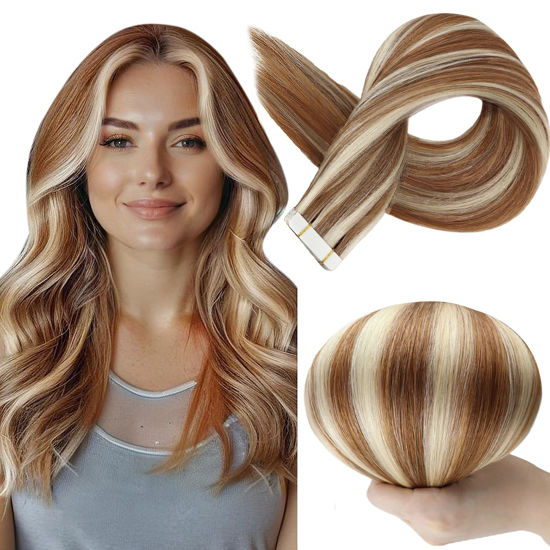 Picture of Full Shine Blonde Tape in Extensions 330 Auburn Highlight Blonde Tape in Hair Extensions Human Hair 12 Inch Hair Extensions Tape in 30Gram 20Pcs Invisible Tape in Human Hair Real Remy Hair Add Volume