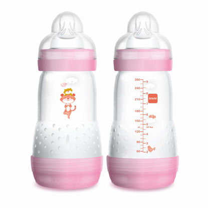 Picture of MAM Easy Start Anti-Colic Bottle, Baby Essentials, Medium Flow Bottles with Silicone Nipple, Baby Bottles for Baby Girl, Designs May Vary, 9oz (Pack of 2)