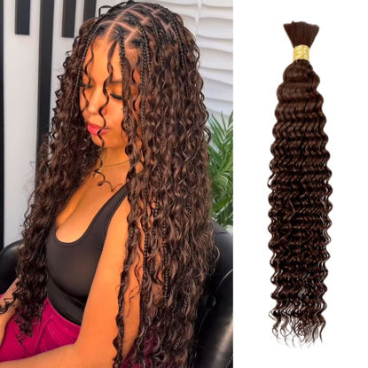 Picture of Chocolate Brown Braiding Hair 1 Bundle 50g 16 Inch Deep Water Wave Bulk Human Hair for Braiding Brazilian Virgin Curly Human Hair Extensions for Boho Braids Wet and Wavy Color 4 Human Braiding Hair