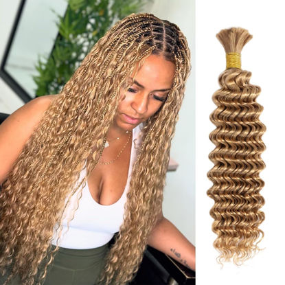 Picture of Blonde Braiding Hair 1 Bundle 50g 16 Inch Deep Water Wave Bulk Human Hair for Braiding Highlight Honey Blonde Curly Hair Extensions for Boho Braids Wet and Wavy Color 27 Human Braiding Hair