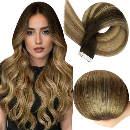 Picture of Full Shine Tape in Hair Extensions Real Human Hair Color 2 Brown Ombre 8 Ash Brown And 27 Blonde Seamless Tape in Hair Extensions 12Inch Double Sided Remy Hair Extensions Tape in Straight 20Pcs 30G