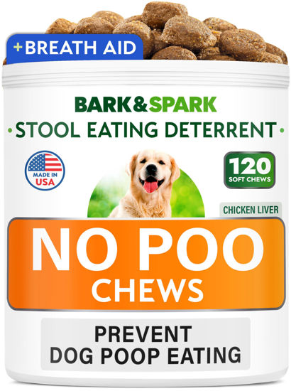 Picture of BARK&SPARK NO Poo Treats - Prevent Dog Poop Eating - Coprophagia Treatment - Stool Eating Deterrent - Probiotics & Enzymes - Digestive Health + Breath Aid - 120 Soft Chews - USA Made - Chicken Liver