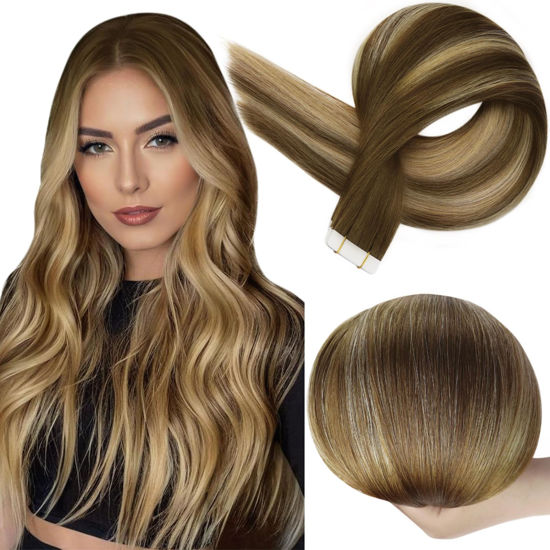 Picture of Full Shine Balayage Tape in Human Hair Color 4/27/60/8 Brown And Blonde Tape in Hair Extensions Human Hair 12Inch Human Hair Extensions Tape in 30G Seamless Tape Extensions Invisible Hair 20Pcs