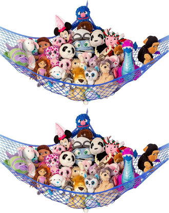 Picture of Lilly's Love Stuffed Animal Storage Net Hammock, Nursery Hanging Organizer - Jumbo Extra Large "STUFFIE Party Hammock" | Organize the Chaos | Holds 50% More Stuffies | 63" x 63" x 79" - Blue, 2 Pack