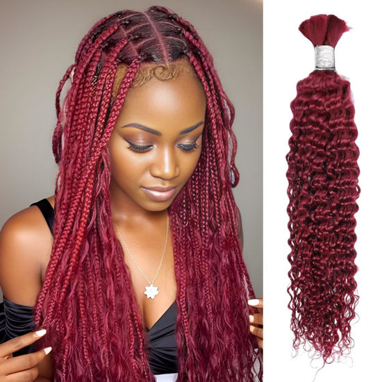 Picture of Human Braiding Hair 1 Bundle Deep Water Wave 50g 16 Inch Bulk Human Hair for Braiding No Weft 10A Brazilian Virgin Curly Human Hair Extensions for Boho Braids Wet and Wavy Red Burgundy Braiding Hair