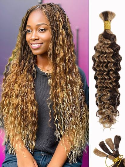 Picture of Human Braiding Hair Deep Wave Honey Blonde Braiding Hair Highlight Water Wave Bulk Human Hair 100% 10A Brazilian Brown Bariding Hair for Boho Braids Ombre Braiding Hair 1 Bundle 50g 16 Inch P4/27