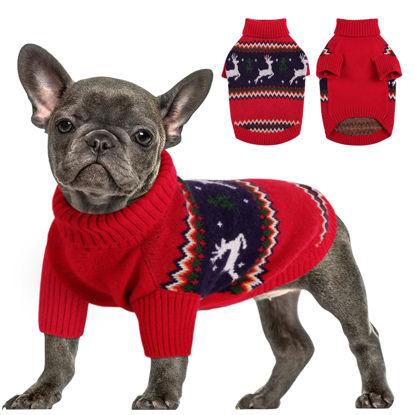 Picture of Queenmore Christmas Dog Sweater,Knitted Pullover Christmas Clothes for Dogs,Turtleneck Dog Christmas Outfit, Warm Dog Sweaters for Small Dogs Boys or Girls XS