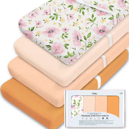 Picture of TotAha Premium Stretchy Changing Pad Covers (2-Pack) Hypoallergenic, Silky Comfort, Buttery Soft, Calming Effect, All-Season Jersey-Knit 5'' Deep Pocket(Pale Pink Floral)