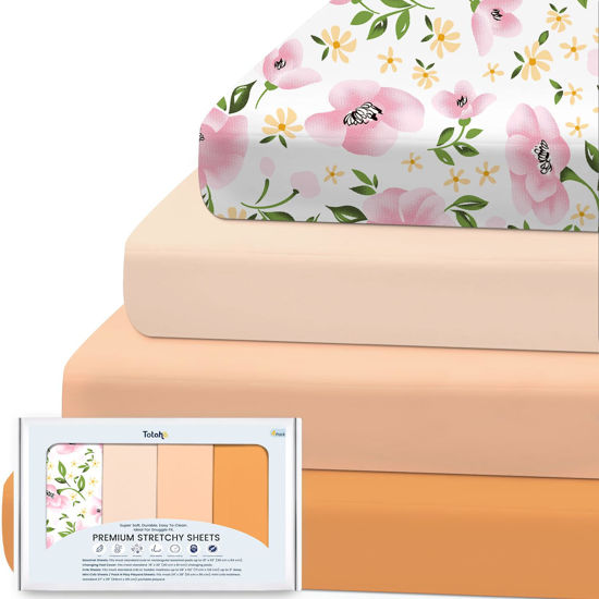 Picture of TotAha Premium Stretchy Bassinet Sheets for Baby Girl, Hypoallergenic, Buttery Soft, Silky Comfort Cradle Sheets Fitted 18 x 36 for Oval, Rectangular, Hourglass Mattress, 4-Pack (Pale Pink Floral)