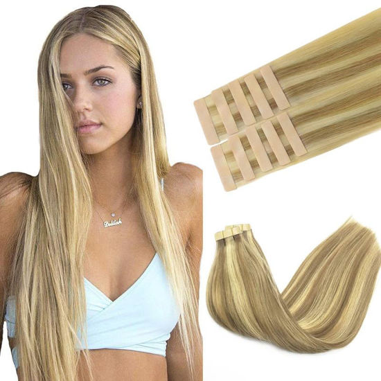 Picture of GOO GOO Tape in Hair Extensions Human Hair, 16/22 Light Blonde Highlighted Golden Blonde, 14inch 25g 10pcs, Thick Ends Straight Seamless Tape in, Invisible Tape in Hair Extensions Human Hair