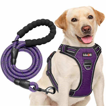 Picture of tobeDRI No Pull Dog Harness Adjustable Reflective Oxford Easy Control Medium Large Dog Harness with A Free Heavy Duty 5ft Dog Leash (S (Neck: 13"-18", Chest: 17.5"-22"), Purple Harness+Leash)