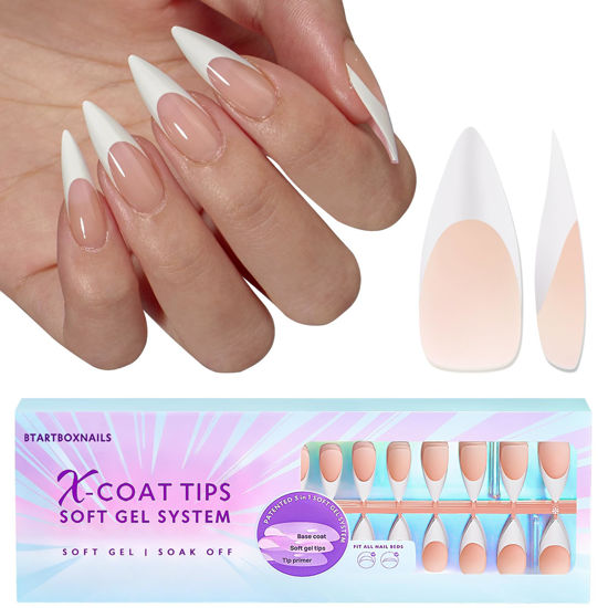 Picture of BTArtboxnails Soft Gel Nail Tips - Long Stiletto French Tip Press on Nails XCOATTIPS Acrylic Nail Tips Kit Fake Nails Gel Nails Supplies Glue on Nails Extension Tips