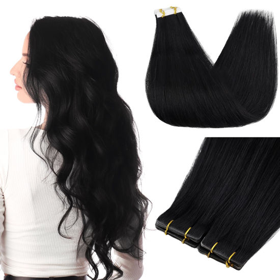 Picture of Full Shine Virgin Injection Remy Hair 5Pcs Color 1 Jet Black Tape in Hair Extensions Injected Tape in Extensions 14 Inch Seamless Skin Weft Hair Extensions Human Hair Straight Tape Extensions 10Gram