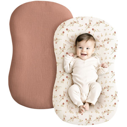 Picture of Konssy Muslin Baby Lounger Cover 2 Pack, 100% Cotton Newborn Lounger Cover, Soft and Breathable Lounger Slipcover for Boys Girls, Covers Only (Chestnut, Posy)