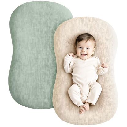 Picture of Konssy Muslin Baby Lounger Cover 2 Pack, 100% Cotton Newborn Lounger Cover, Soft and Breathable Lounger Slipcover for Boys Girls, Covers Only (Green,Wheat)