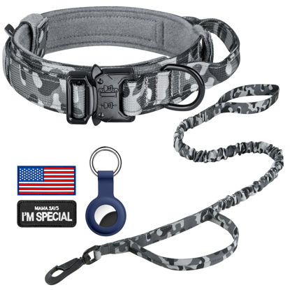 Picture of DAGANXI Tactical Dog Collar, Adjustable Military Training Nylon Dog Collar with Control Handle and Heavy Metal Buckle for Medium and Large Dogs, with Patches and Airtags Case (S, Camo-Set)