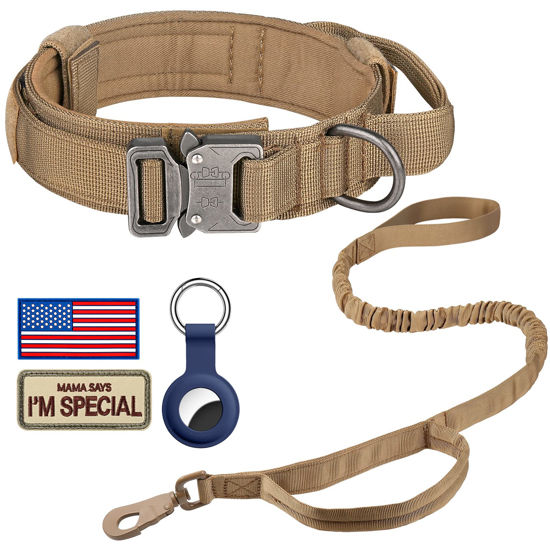 Picture of DAGANXI Tactical Dog Collar, Adjustable Military Training Nylon Dog Collar with Control Handle and Heavy Metal Buckle for Medium and Large Dogs, with Patches and Airtags Case (S, Brown-Set)