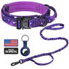 Picture of DAGANXI Tactical Dog Collar, Adjustable Military Training Nylon Dog Collar with Control Handle and Heavy Metal Buckle for Medium and Large Dogs, with Patches and Airtags Case (S, Purple Sky-Set)