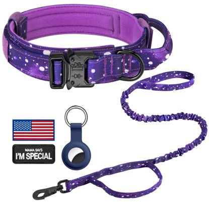 Picture of DAGANXI Tactical Dog Collar, Adjustable Military Training Nylon Dog Collar with Control Handle and Heavy Metal Buckle for Medium and Large Dogs, with Patches and Airtags Case (S, Purple Sky-Set)