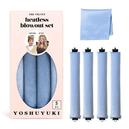 Picture of Heatless Hair Curler Overnight Curls Blowout Rods Headband No Heat Curlers to Sleep in Large Rods Hair Rollers Blowout Look for Short Hair Styling Tools Silk Hair Wrap Curling Set Blue