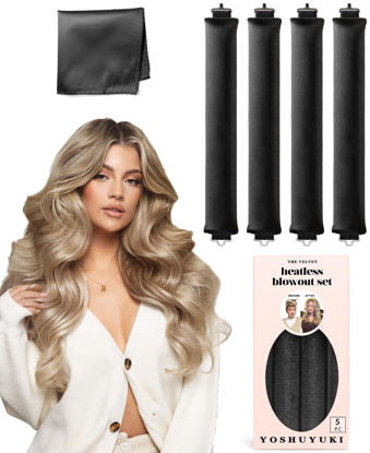 Picture of Overnight Silk Black Hair Wrap Headband for Heatless Curls and Blowout Look - Jumbo Rollers for Long Hair No Heat Curling Set