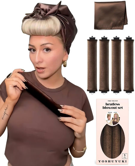 Picture of Heatless Overnight Hair Curling Set with Large Silk Brown Headband and Rollers for Short Hair Blowout Look