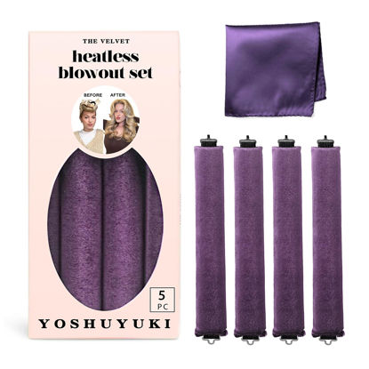 Picture of Heatless Hair Curler Overnight Curls Blowout Rods Headband No Heat Curlers to Sleep in Large Rods Hair Rollers Blowout Look for Short Hair Styling Tools Silk Hair Wrap Curling Set Violet