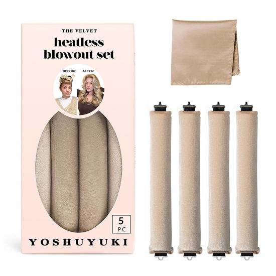 Picture of Heatless Hair Curler to Sleep in - Overnight Heatless Curls Blowout Rods Headband No Heat Curling Set, Jumbo Rods Hair Rollers Blowout Look for Long Hair Silk Hair Wrap for Sleeping Beige