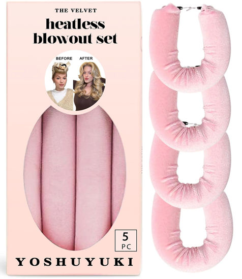 Picture of Overnight Velvet Hair Curlers and Blowout Rollers for Long, Heatless Curls - Headband, Rollers and Styling Tools in Pink