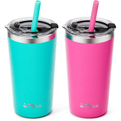 Picture of Tiblue Kids & Toddler Cup - 2 Pack 12oz Spill Proof Stainless Steel Insulated Tumbler for Toddler Girls Boys - BPA FREE Smoothie Snack Drinking Cup with Leak Proof Lid & Silicone Straw with Stopper